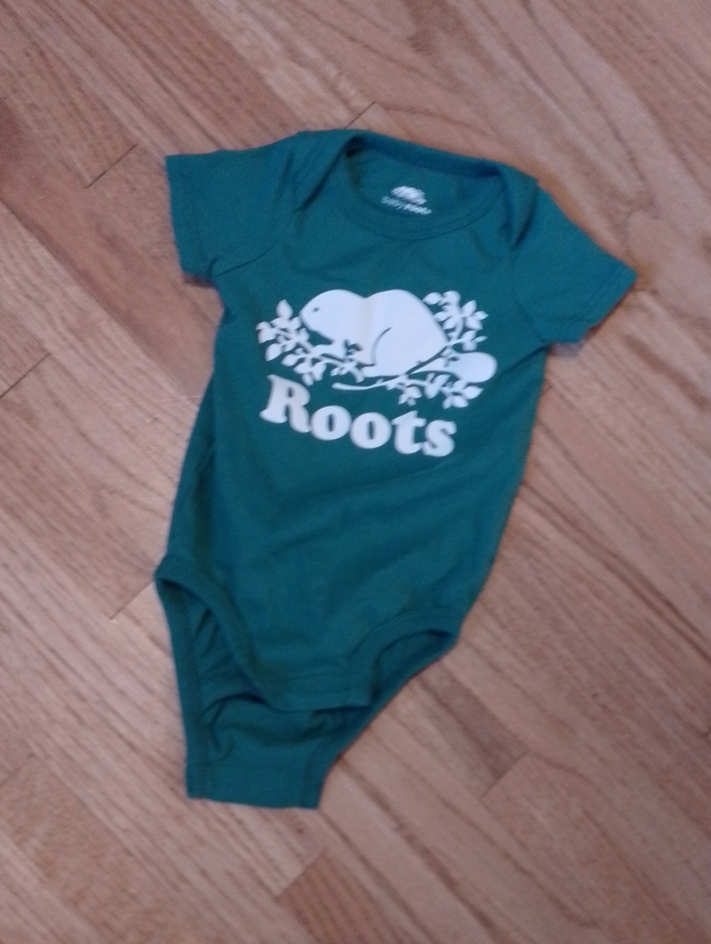 Roots Teal Green Baby Onesie Bodysuit with White Logo